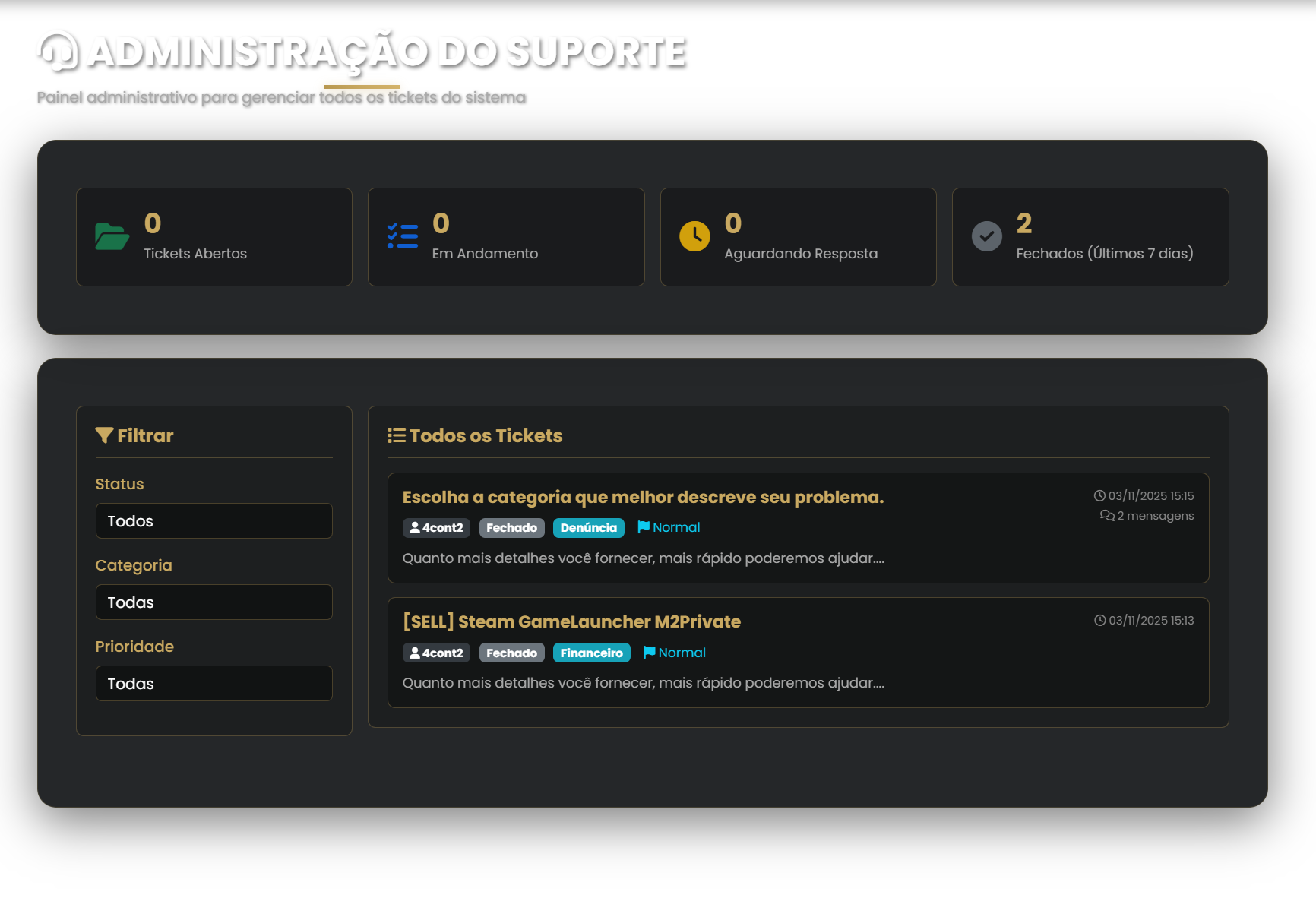 Website Legends + Painel de Suporte